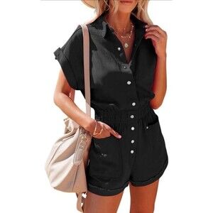 NEW Utility Romper Size LARGE Elastic Waist Button Down Cotton Black Jumpsuit